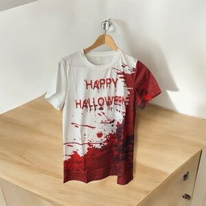 NEW Happy Halloween Graphic T-Shirt Size Small White Red Splatters Spooky Womens
